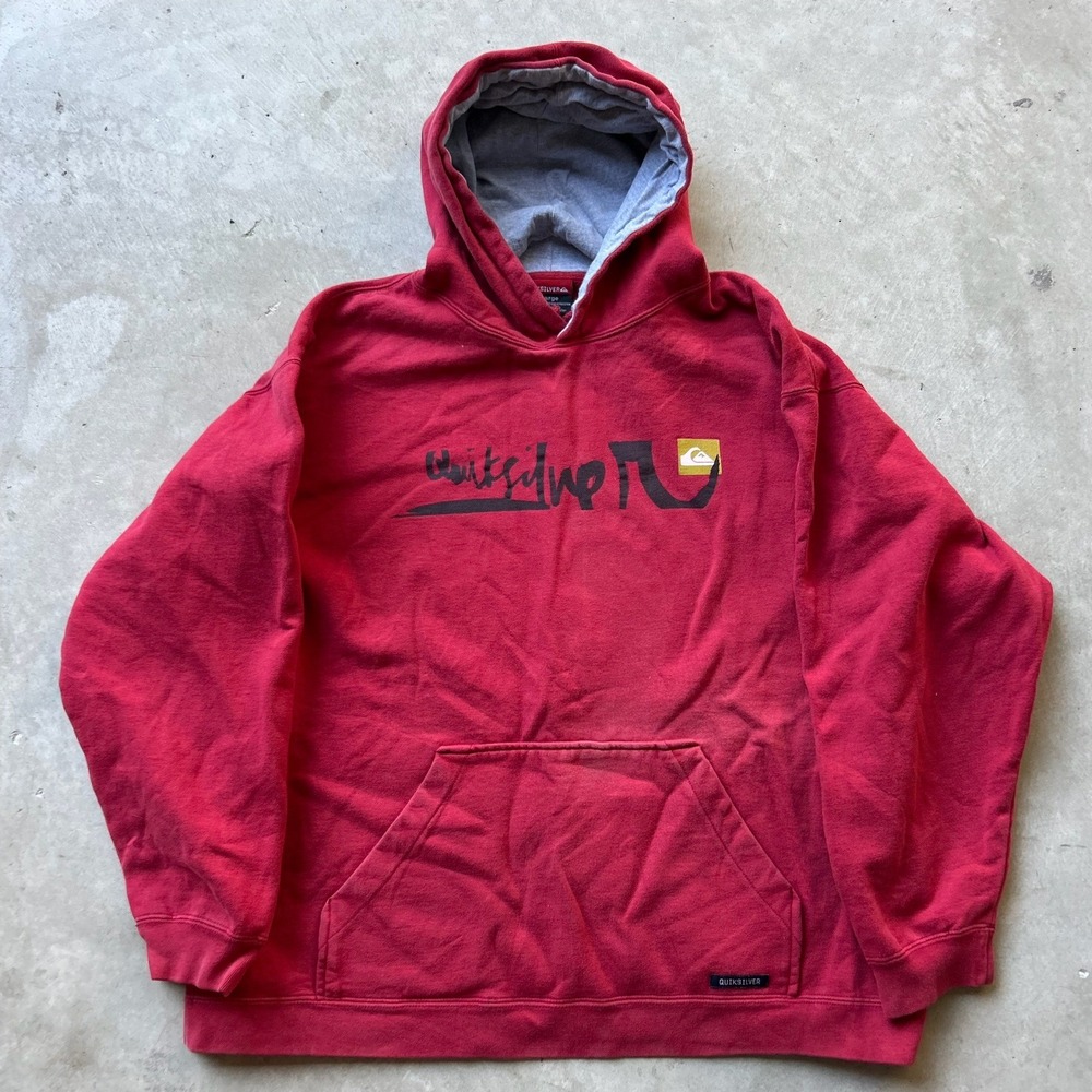 Vintage Quiksilver Hoodie Red Graphic Pullover Sweatshirt Mens XL Surf Skate